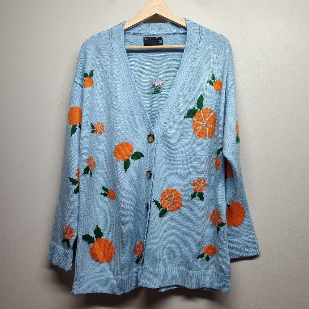 Asos Fruit Cardigan Sweater Women 0 Blue Oranges Oversized Cozy Autumn Whimsical